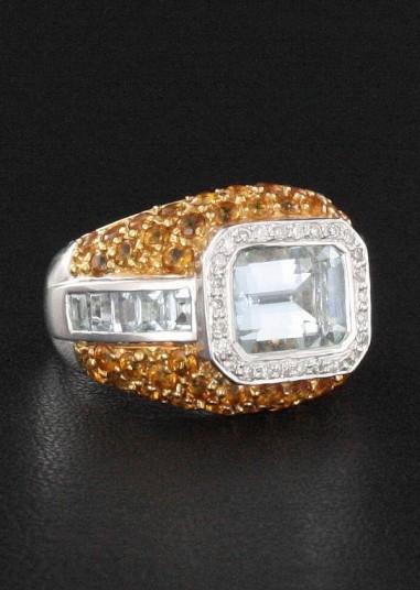 Bague Citrine, Aigue Marine & Diamant