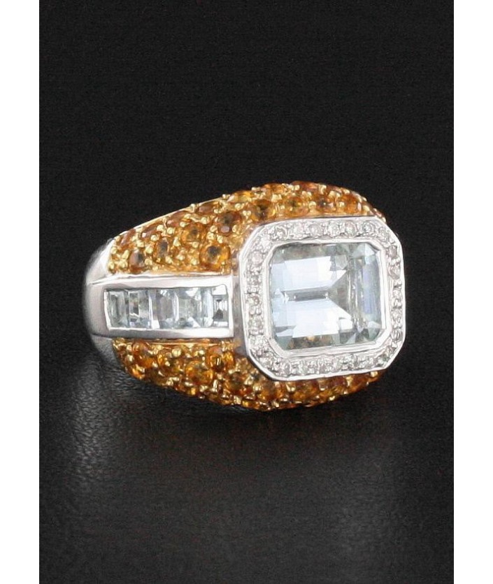 Bague Citrine, Aigue Marine & Diamant